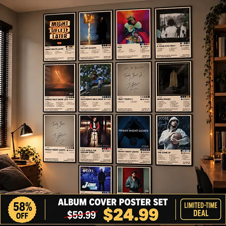 J. Cole posters displayed on a bedroom wall with a limited-time deal banner showing 58% off.