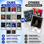 Comparison graphic showing the 14-poster J. Cole collection beside a smaller poster selection.