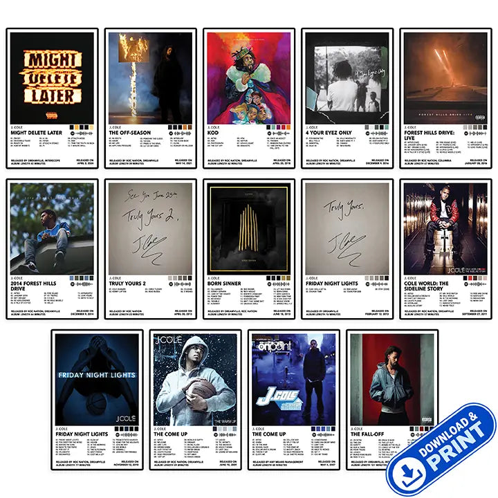 Printable digital set of 14 J. Cole album cover poster designs shown in a collage with a download and print label.