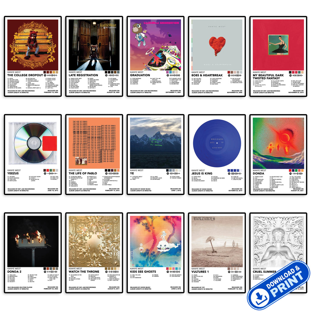 Collection of 15 Kanye West album cover posters available as high-resolution digital downloads for printing and creating music wall art.