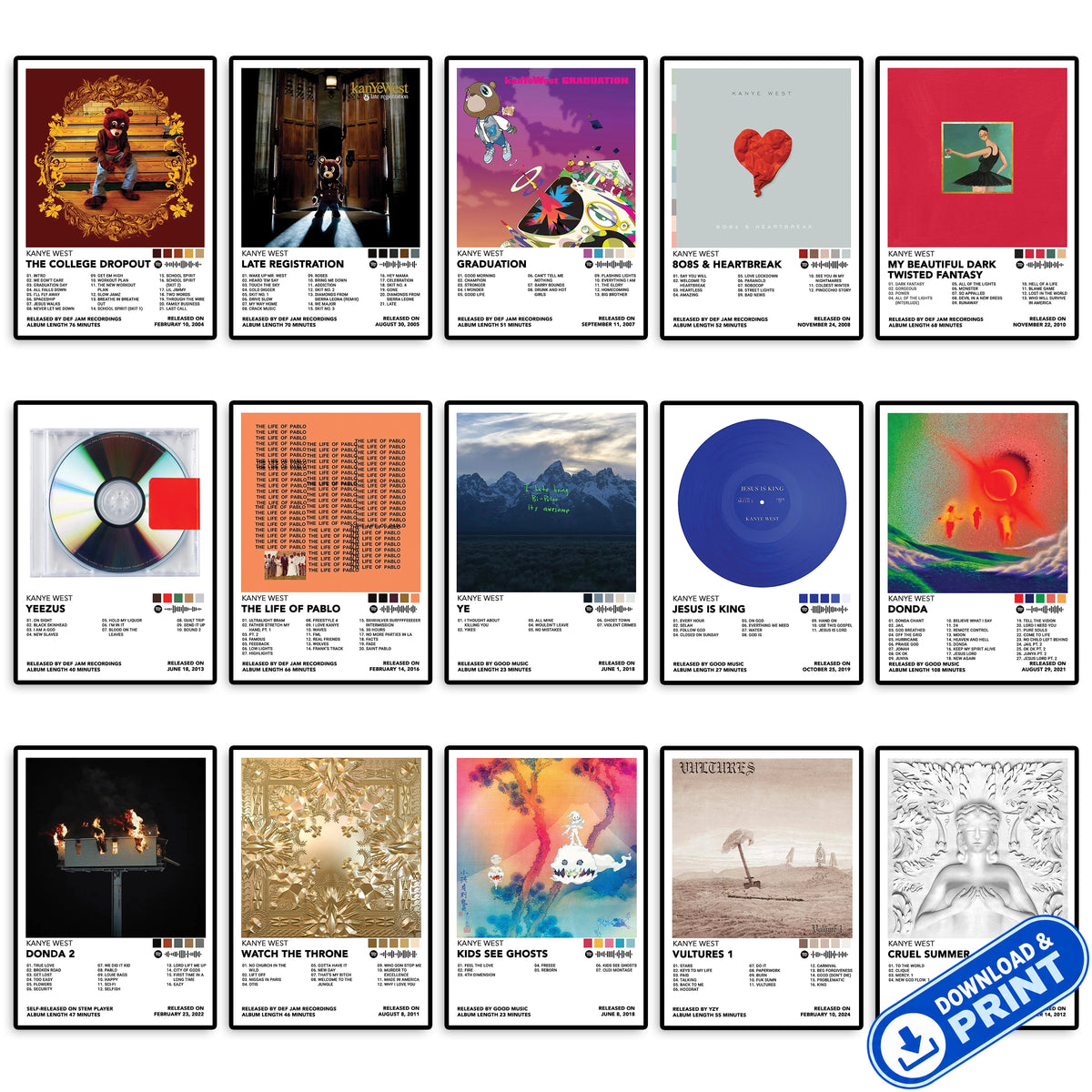 Collection of 15 Kanye West album cover posters available as high-resolution digital downloads for printing and creating music wall art.