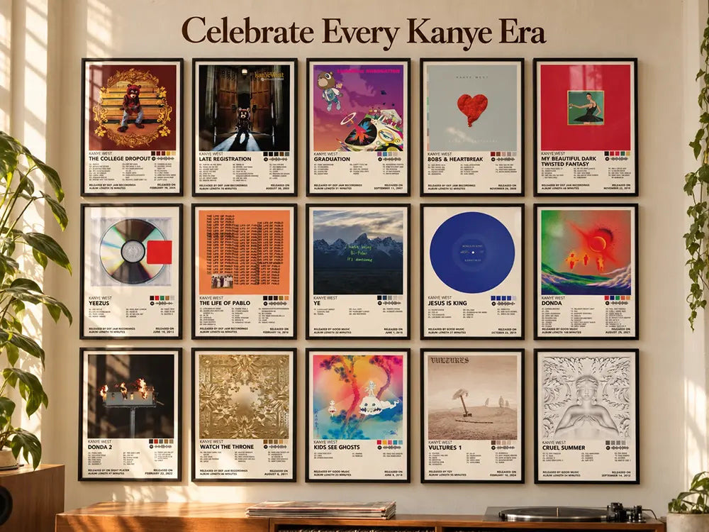 Framed Kanye West album cover posters displayed above a dark sofa in a warmly lit living room.