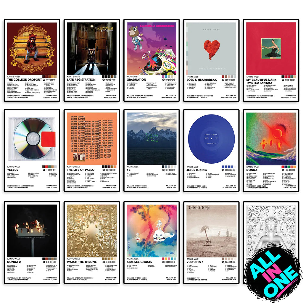 Complete Kanye West album cover poster collection featuring The College Dropout, Late Registration, Graduation, 808s & Heartbreak, My Beautiful Dark Twisted Fantasy, Yeezus, The Life of Pablo, Ye, Jesus Is King, Donda, Donda 2, Watch the Throne, Kids See Ghosts, Vultures 1, and Cruel Summer. Premium music wall art for hip-hop fans and collectors.