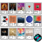 Complete Kanye West album cover poster collection featuring The College Dropout, Late Registration, Graduation, 808s & Heartbreak, My Beautiful Dark Twisted Fantasy, Yeezus, The Life of Pablo, Ye, Jesus Is King, Donda, Donda 2, Watch the Throne, Kids See Ghosts, Vultures 1, and Cruel Summer. Premium music wall art for hip-hop fans and collectors.