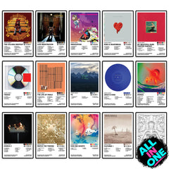 Complete Kanye West album cover poster collection featuring The College Dropout, Late Registration, Graduation, 808s & Heartbreak, My Beautiful Dark Twisted Fantasy, Yeezus, The Life of Pablo, Ye, Jesus Is King, Donda, Donda 2, Watch the Throne, Kids See Ghosts, Vultures 1, and Cruel Summer. Premium music wall art for hip-hop fans and collectors.