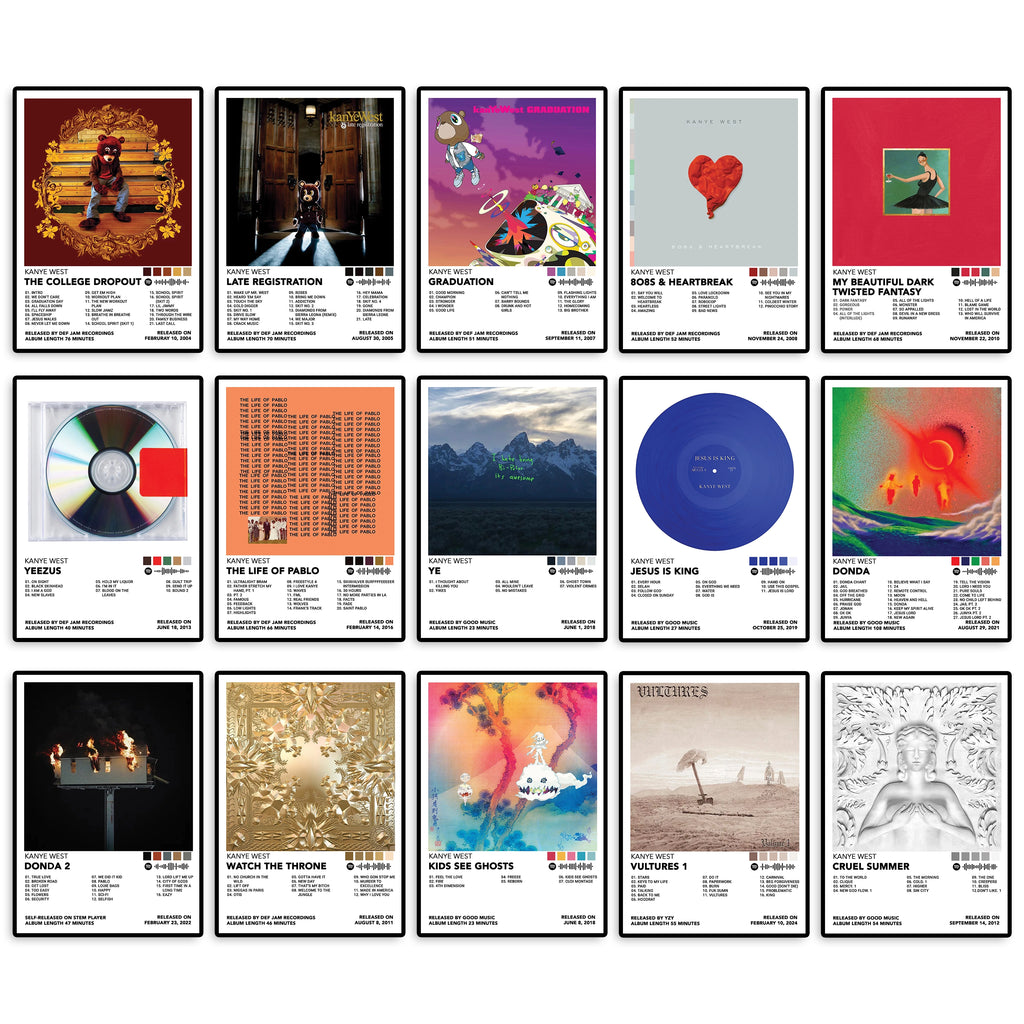 Collection of 15 unframed Kanye West album cover posters featuring iconic studio albums, collaborative releases and recent projects in a coordinated music wall-art design.