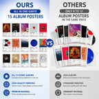 Comparison image showing a complete 15-piece Kanye West album poster collection versus standard competitors offering only 8–12 posters. Highlights premium print quality, durable material, vibrant colors, and better value for music lovers and collectors.