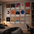 Complete Kanye West album poster collection displayed in a modern bedroom featuring 15 premium 8x12 inch album cover posters including The College Dropout, Graduation, 808s & Heartbreak, My Beautiful Dark Twisted Fantasy, Yeezus, The Life of Pablo, Ye, Jesus Is King, Donda, Donda 2, Watch the Throne, Kids See Ghosts, Vultures 1, and Cruel Summer.
