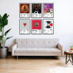 Modern living room featuring six Kanye West album posters displayed above a beige sofa. Premium 8x12 inch unframed music posters showcasing The College Dropout, Late Registration, Graduation, 808s & Heartbreak, My Beautiful Dark Twisted Fantasy, and Yeezus.