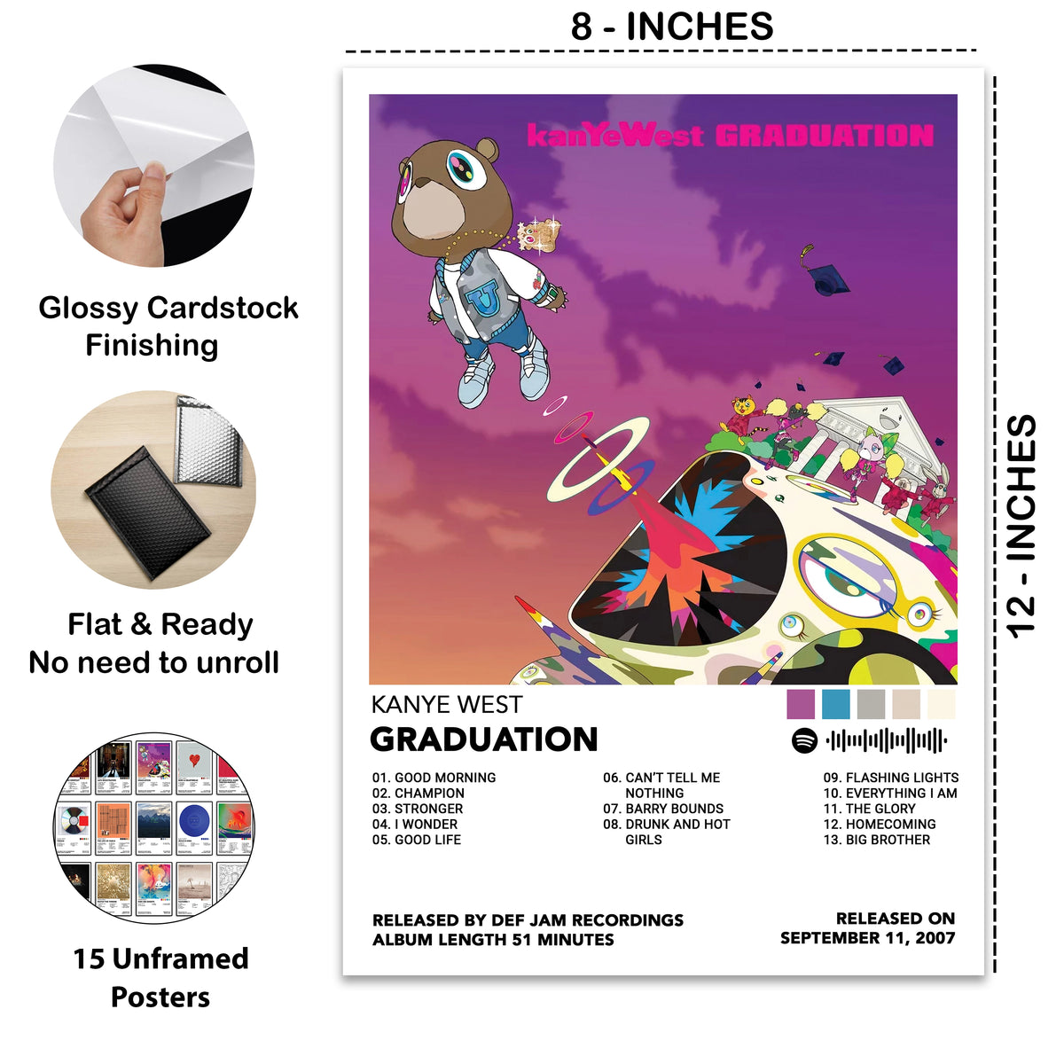 8x12 inch Kanye West Graduation album poster printed on premium glossy cardstock. Unframed music wall art featuring the iconic Graduation album artwork with vibrant colors, flat packaging, and part of a 15-poster Kanye West collection.