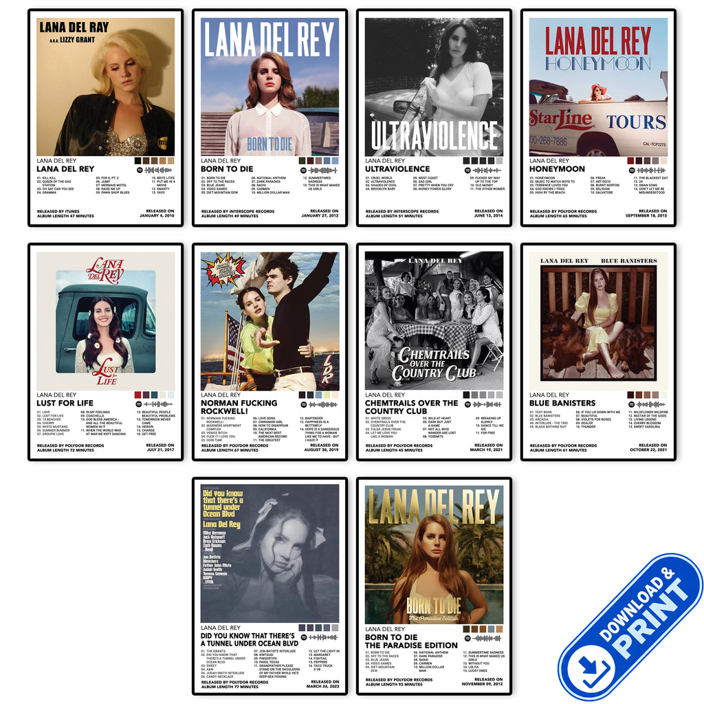 Collection of 10 Lana Del Rey album cover posters available as Ultra HD digital downloads for printing and creating aesthetic music wall art.