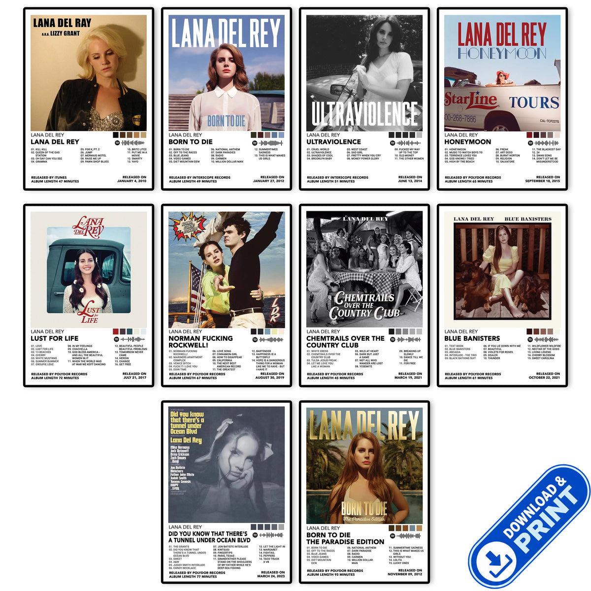 Collection of 10 Lana Del Rey album cover posters available as Ultra HD digital downloads for printing and creating aesthetic music wall art.