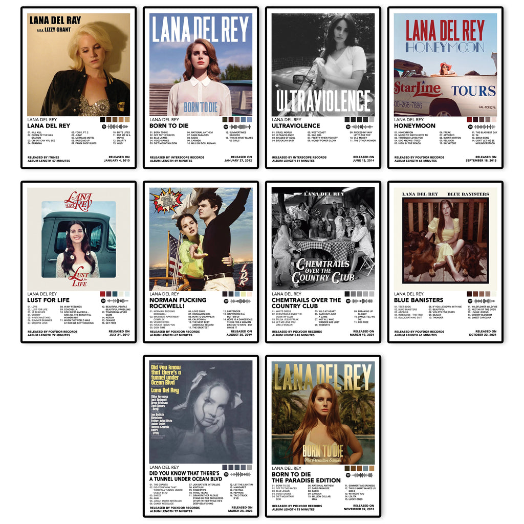 Complete Lana Del Rey album poster collection featuring 10 premium 8x12 inch unframed posters including Lana Del Ray (A.K.A. Lizzy Grant), Born to Die, Born to Die: The Paradise Edition, Ultraviolence, Honeymoon, Lust for Life, Norman Fucking Rockwell!, Chemtrails Over the Country Club, Blue Banisters, and Did You Know That There's a Tunnel Under Ocean Blvd.