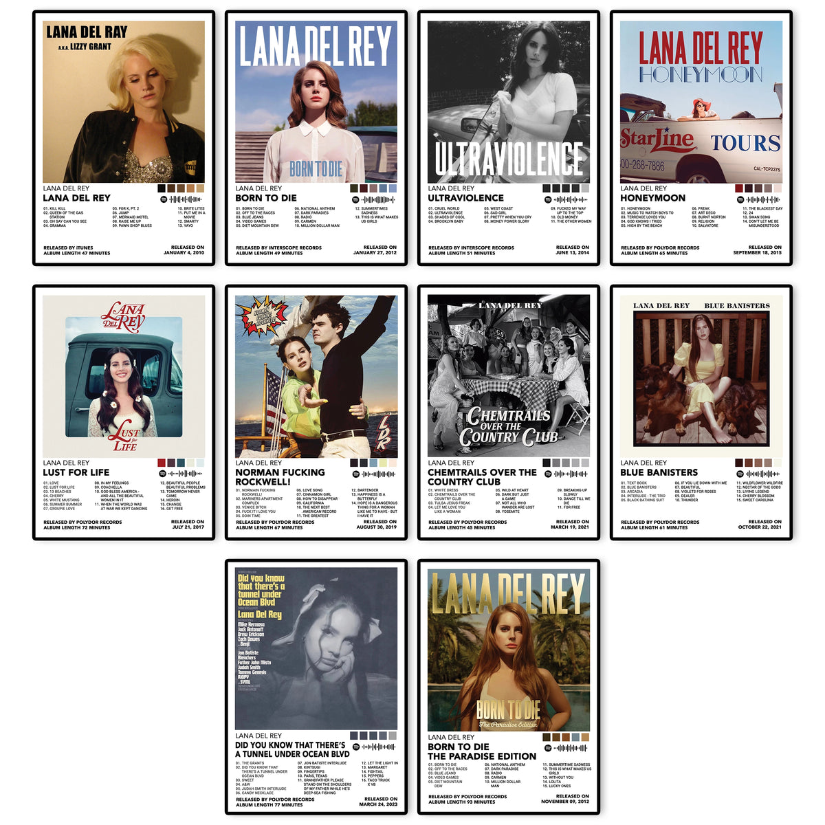 Collection of 10 unframed Lana Del Rey album cover posters featuring iconic albums and special releases in a coordinated vintage-inspired music wall-art design.