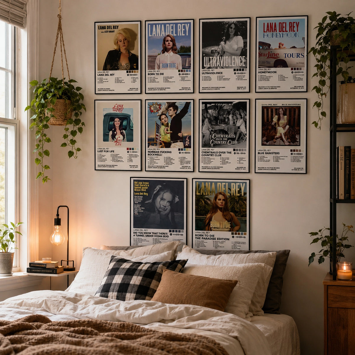 Complete Lana Del Rey 8x12 album poster collection displayed above a cozy bedroom, featuring all ten iconic album covers including Born to Die, Ultraviolence, Honeymoon, Lust for Life, Norman Fucking Rockwell!, Chemtrails Over the Country Club, Blue Banisters, Did You Know That There's a Tunnel Under Ocean Blvd, Lana Del Ray, and Born to Die Paradise Edition. Premium glossy music wall art for bedroom decor.
