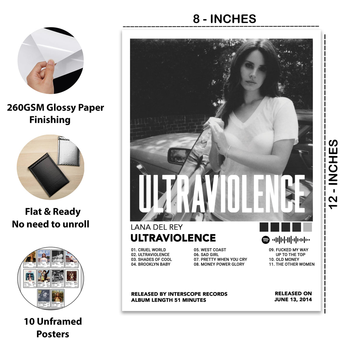 Lana Del Rey Ultraviolence album poster measuring 8x12 inches, printed on premium 260 GSM glossy cardstock with sharp details, vibrant print quality, and included as part of a 10-poster Lana Del Rey wall art collection.