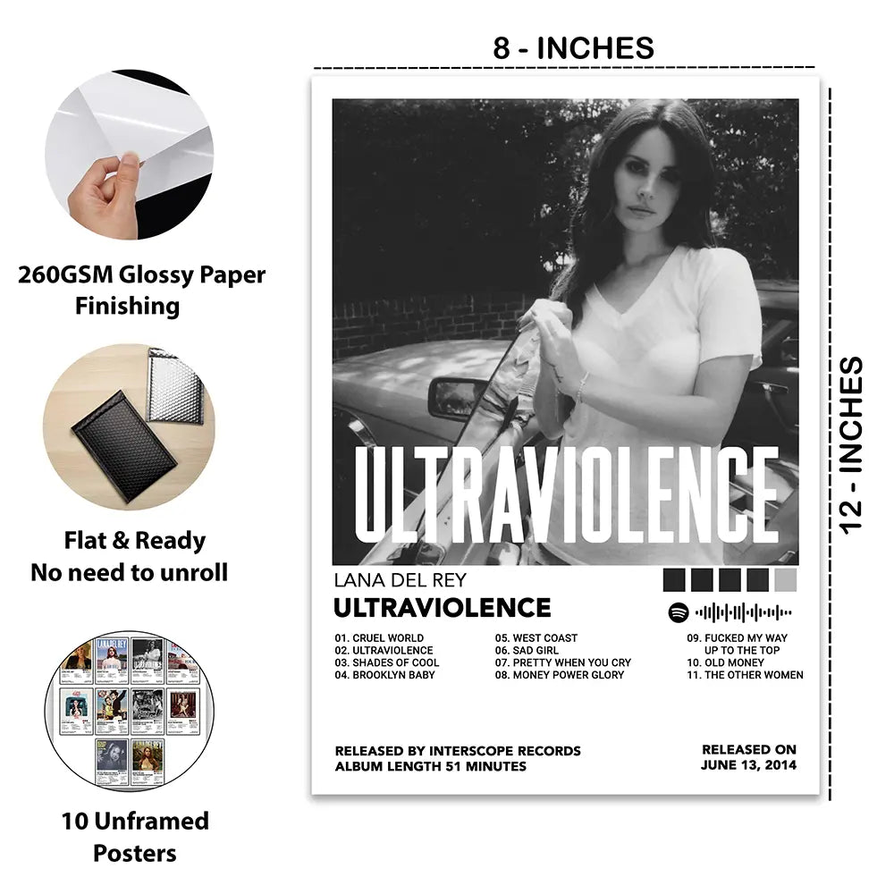 Lana Del Rey Ultraviolence album cover poster with 8 × 12 inch dimensions and 200 GSM paper details