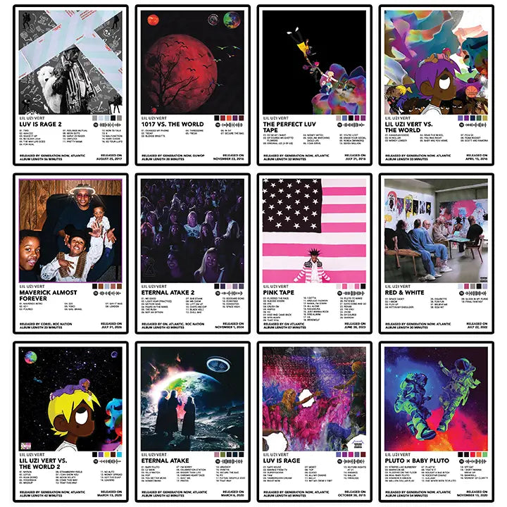 Twelve Lil Uzi Vert album-inspired poster designs displayed together.