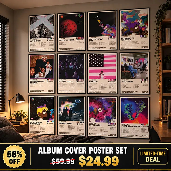 Twelve Lil Uzi Vert posters displayed on a bedroom wall with a sale banner showing 58% off.