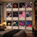 Lil Uzi Vert album-inspired posters arranged in a grid on a bedroom wall.