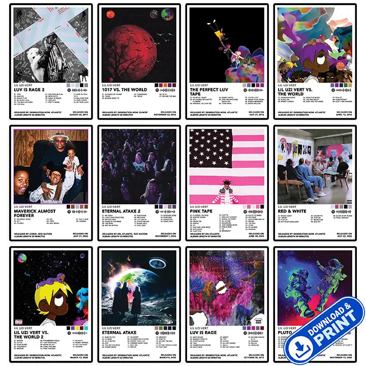 Printable digital set of 12 Lil Uzi Vert poster designs shown in a collage with a download and print label.