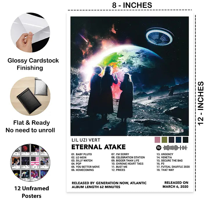 Close-up of the Lil Uzi Vert Eternal Atake poster with 8 × 12-inch dimensions, glossy cardstock finish, and details of the 12-poster set.