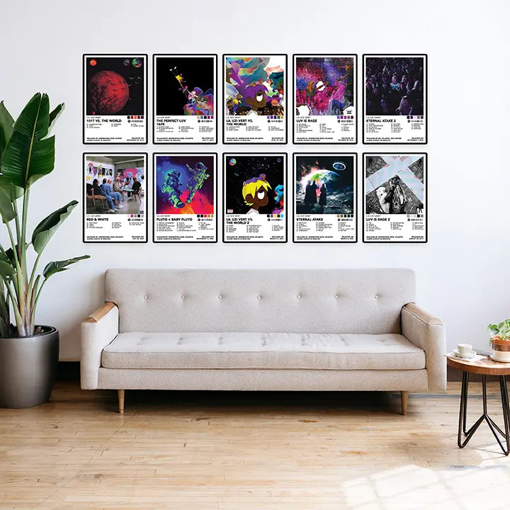 Lil Uzi Vert posters arranged in two rows above a living room sofa.