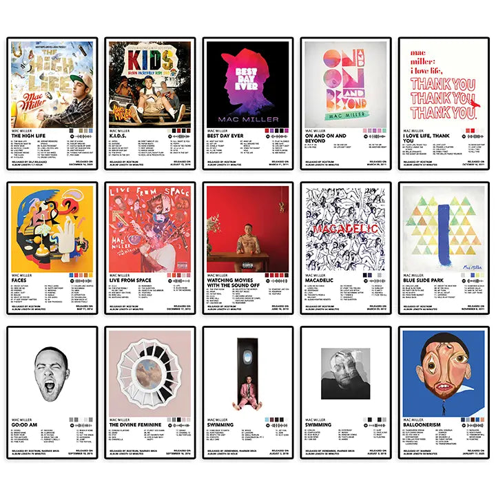 Full collection of 15 Mac Miller album-inspired poster designs displayed together.