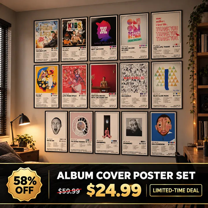 Fifteen Mac Miller posters displayed on a bedroom wall with a limited-time deal banner showing 58% off.