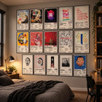 Fifteen framed Mac Miller album cover posters arranged on a bedroom wall above the bed.