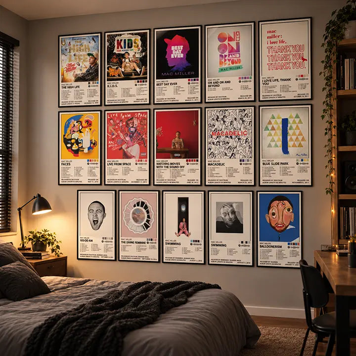 Fifteen framed Mac Miller album cover posters arranged on a bedroom wall above the bed.