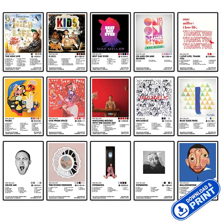 Printable digital set of 15 Mac Miller album cover poster designs shown in a collage with a download and print label.