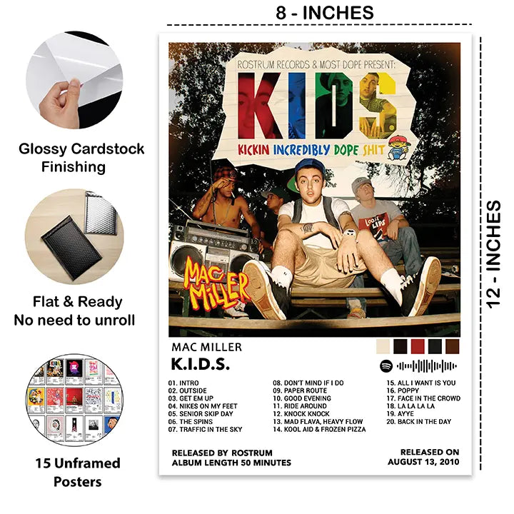 Close-up of the Mac Miller K.I.D.S. poster with 8 × 12-inch dimensions, glossy cardstock finish, and details of the 15-poster set.
