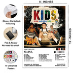 Close-up of the Mac Miller K.I.D.S. poster with 8 × 12-inch dimensions, glossy cardstock finish, and details of the 15-poster set.