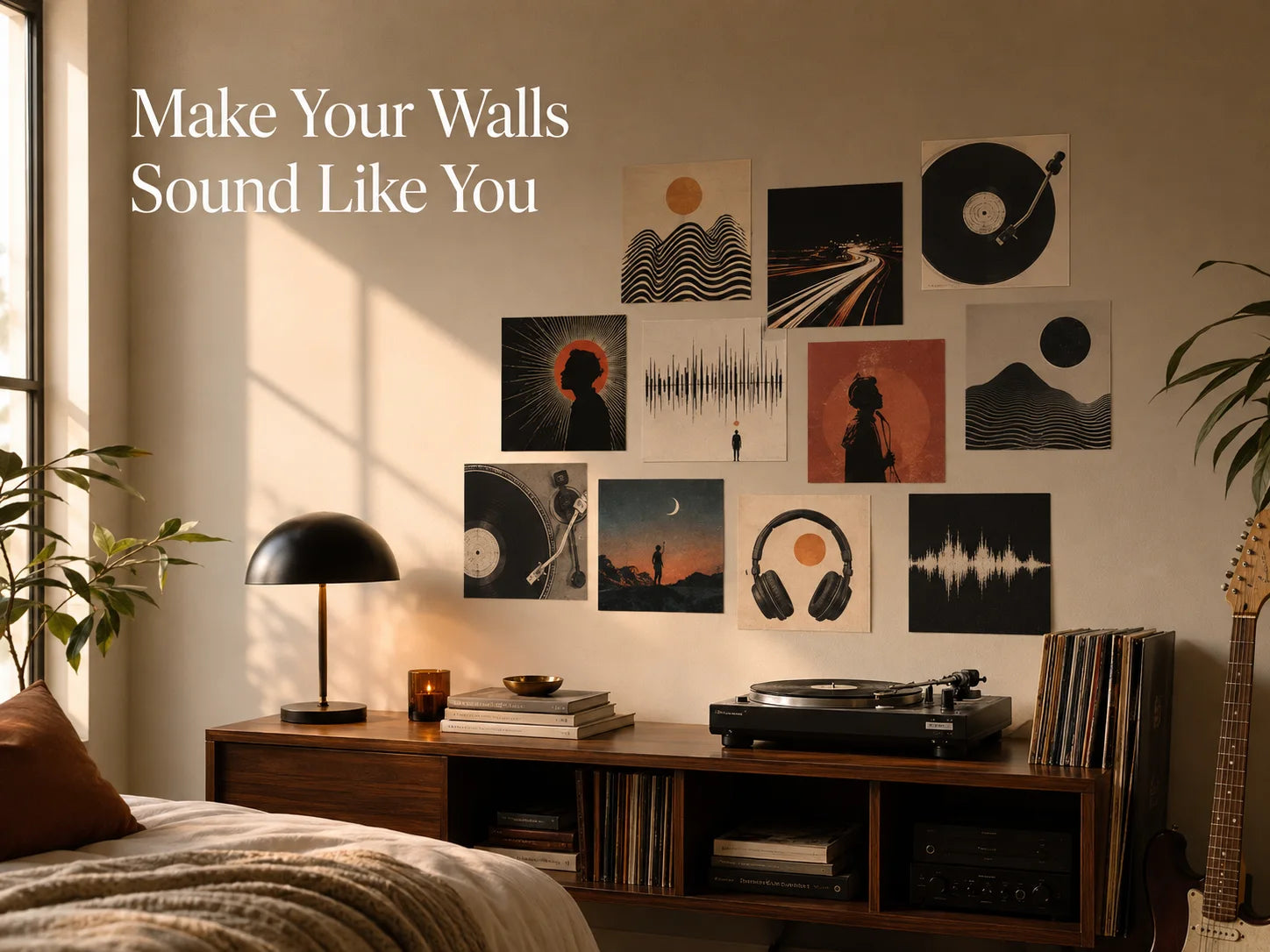Music-inspired poster collage displayed above a record player in a warm, modern bedroom.