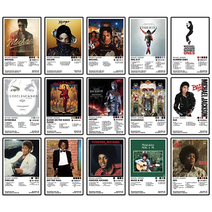 Collection of 16 Michael Jackson album-inspired poster designs displayed together.