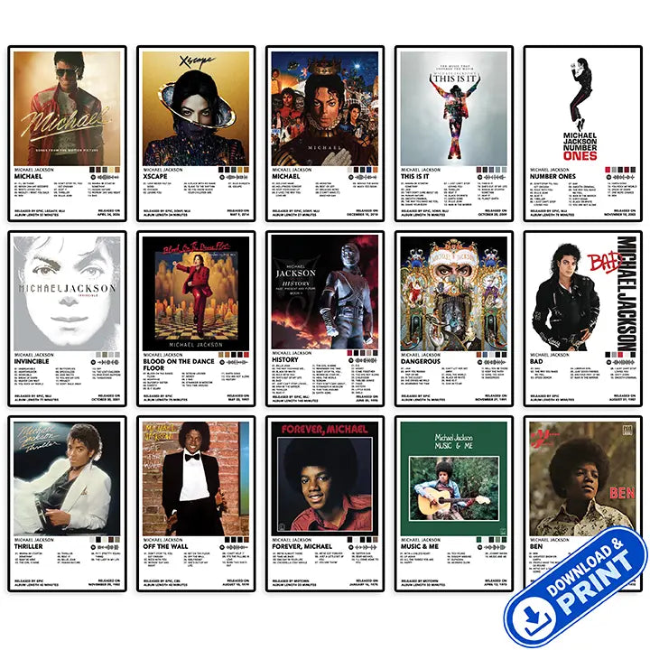 Printable digital set of 15 Michael Jackson album cover poster designs shown in a collage with a download and print label.