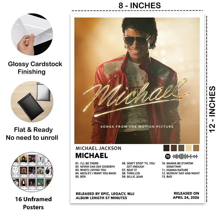 Close-up of the Michael Jackson Michael poster with 8 × 12-inch dimensions, glossy cardstock finish, and details of the 16-poster set.
