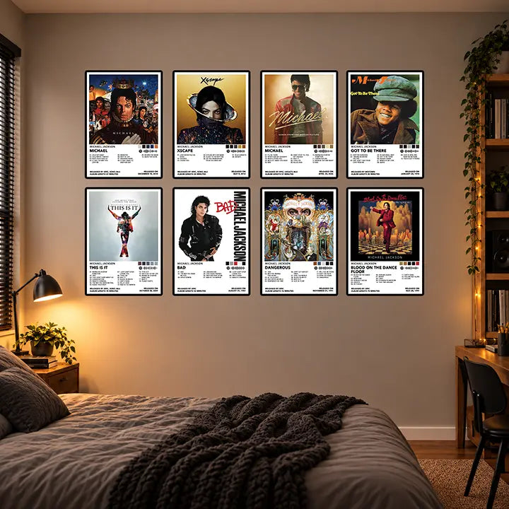 A selection of Michael Jackson posters displayed in a grid on a bedroom wall.