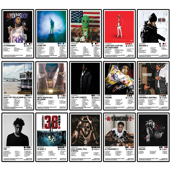 Collection of 16 NBA YoungBoy album-inspired poster designs displayed together.