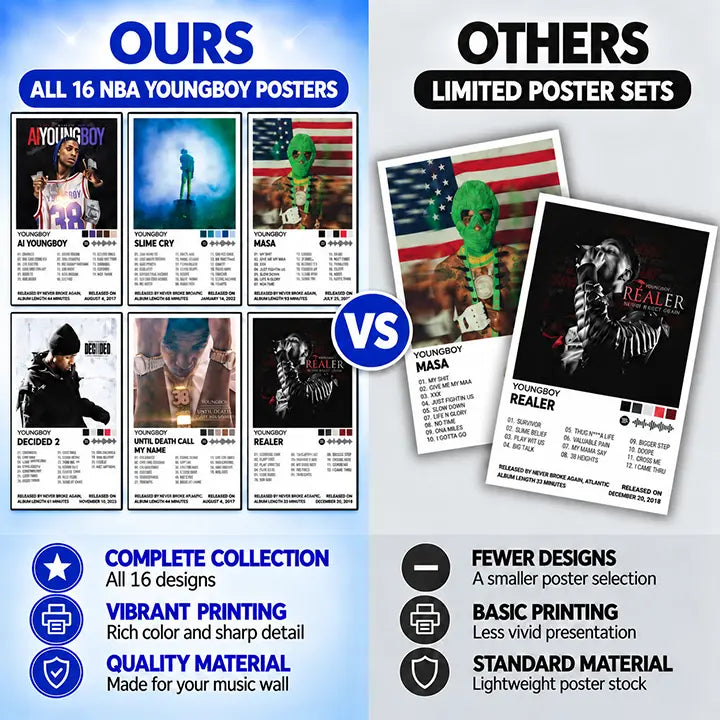 Comparison graphic showing the 16-poster NBA YoungBoy collection beside a smaller poster selection.