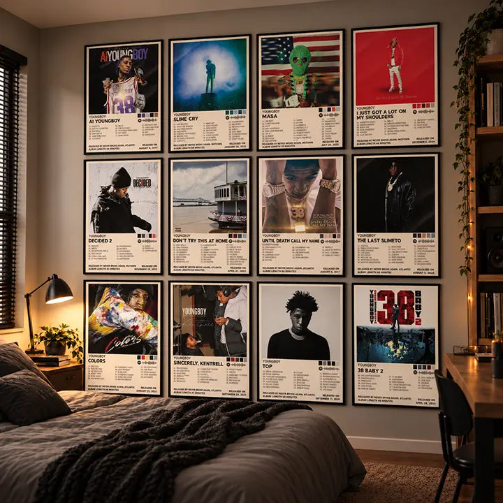 Twelve framed NBA YoungBoy album cover posters arranged in three rows on a warm bedroom wall.
