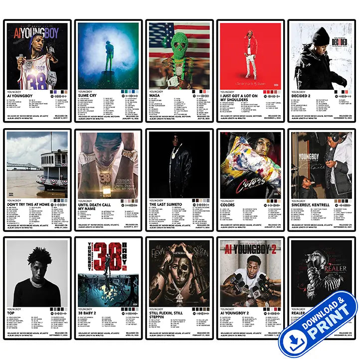 Printable digital set of 15 NBA YoungBoy album cover poster designs shown in a collage with a download and print label.