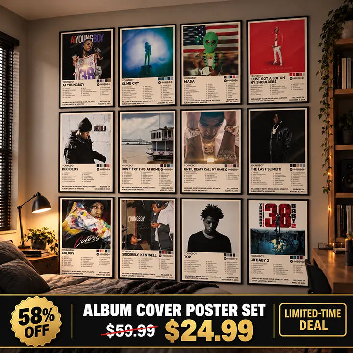 NBA YoungBoy posters displayed on a bedroom wall with a limited-time deal banner showing 58% off.