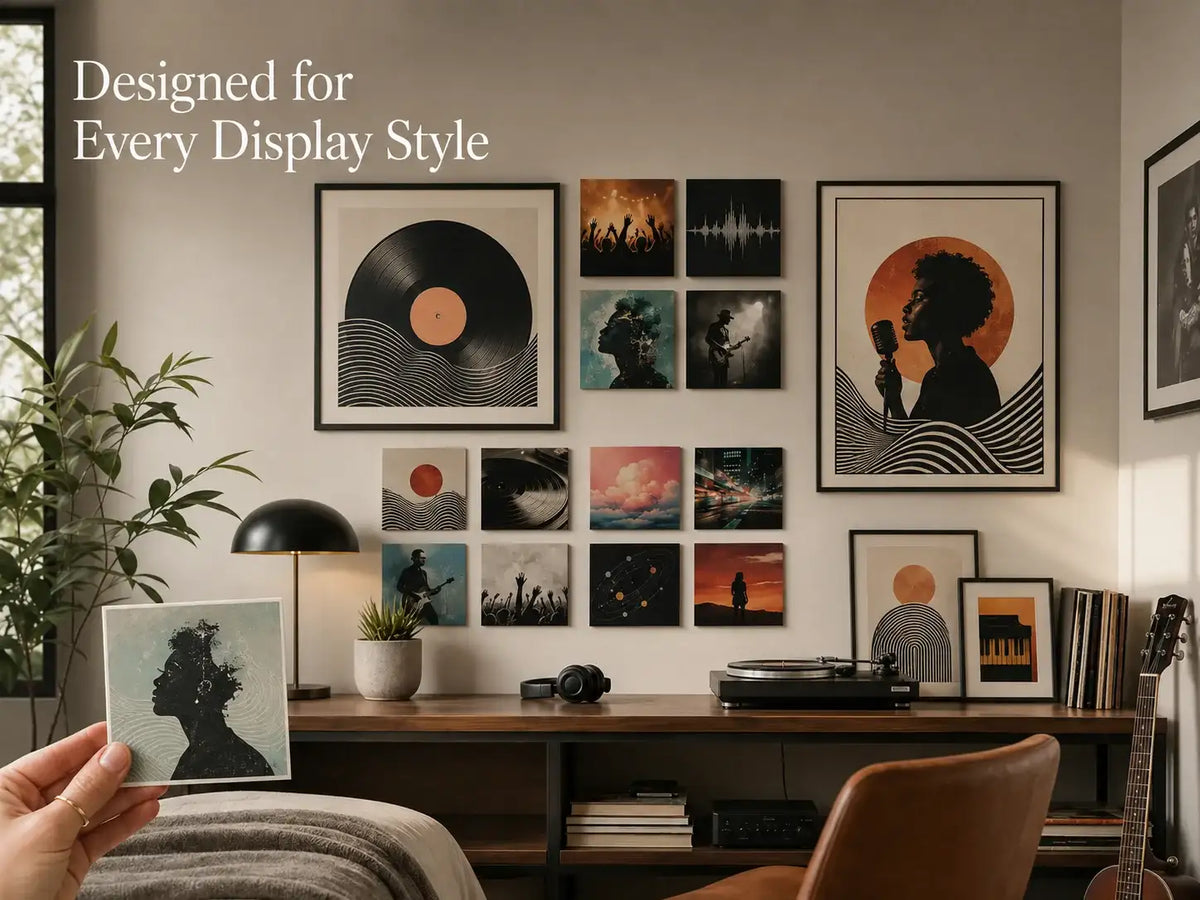 Music-inspired wall art display featuring framed prints, square album-style artwork, a record player, vinyl records, guitar, and modern home decor.