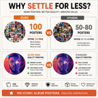 Comparison of premium 100 album cover posters versus standard poster sets, highlighting more posters, vibrant colors, high-resolution printing, fade-resistant quality, and secure packaging.