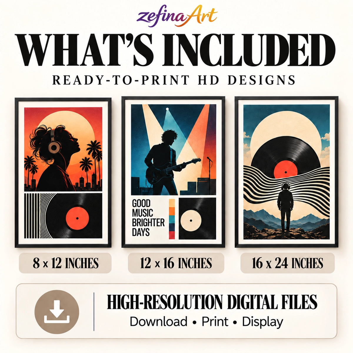 High-resolution printable album cover posters shown in 8×12, 12×16 and 16×24-inch sizes, available as ready-to-print digital downloads.