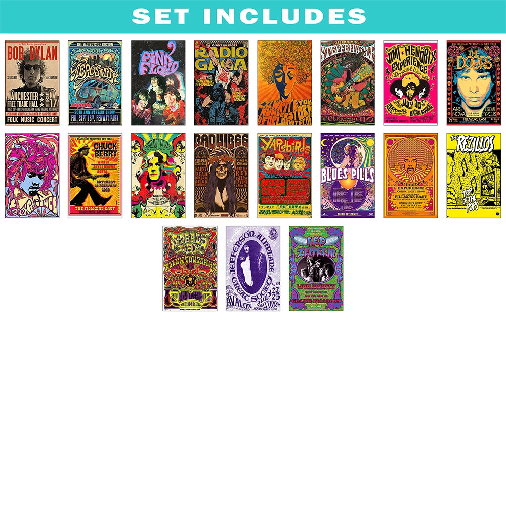 Set includes psychedelic vintage concert posters featuring legendary artists and bands including Bob Dylan, Aerosmith, Pink Floyd, Radio Gaga, Jimi Hendrix, The Doors, Chuck Berry, The Yardbirds, Led Zeppelin, and The Rezillos, perfect for retro rock wall decor and music lovers.