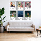 Six framed SZA album cover posters arranged above a sofa in a bright living room.