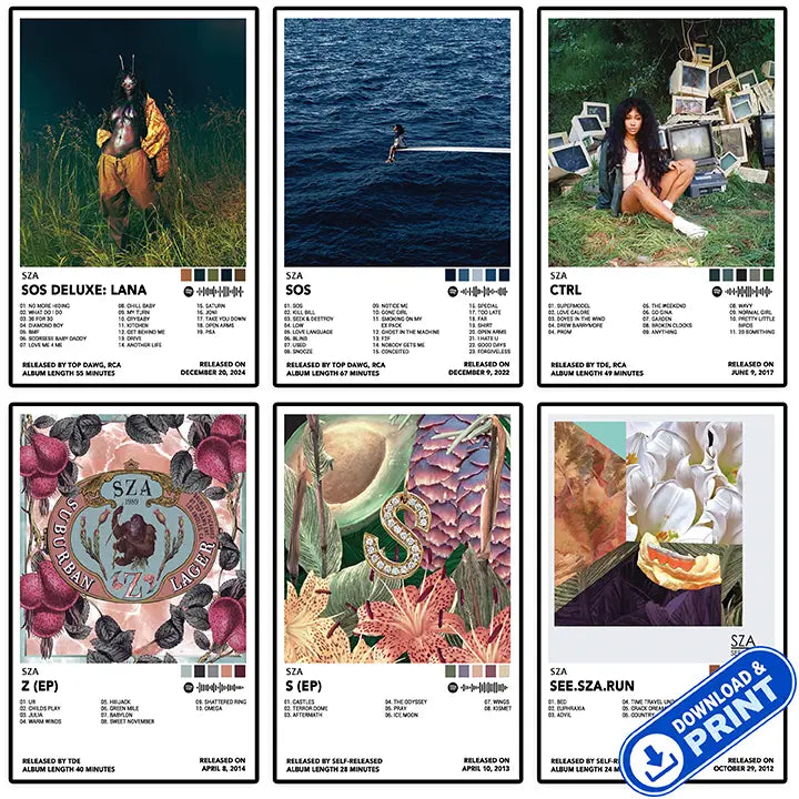 Printable digital set of six SZA album cover poster designs shown in a collage with a download and print label.